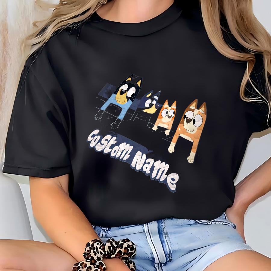 Personalized Bluey Quilt Bedding Set, Custom Name Bluey Family Quilt Blanket Pillowcases, Mom And Dad Bluey Quilt, Bluey Birthday Gift T-shirt