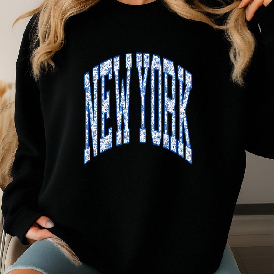 Blue Floral New York Varsity Sweatshirt: Boho Ny Mama Gift Sweatshirt