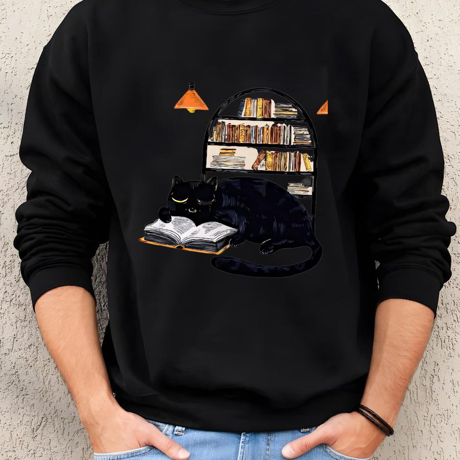 Cat And Book Sweatshirt, Book Lover Gift, Cute Cat Hoodie, Minimalist Design Sweatshirt Sweatshirt
