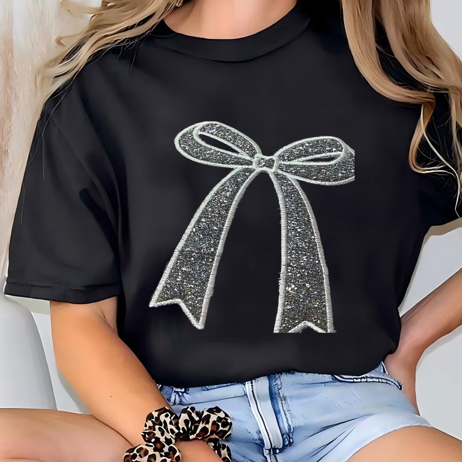 Glitter Bow Sweatshirt: Side Appliqué Design T-shirt