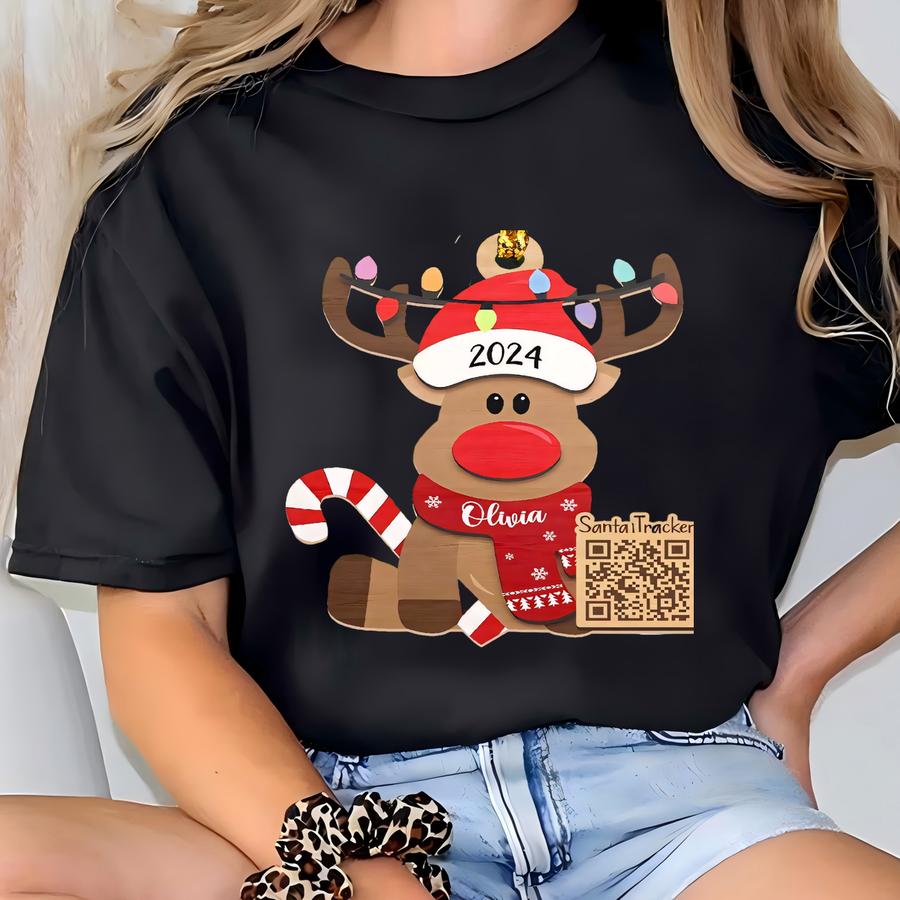 Custom Christmas Santa Tracker Qr Code Ornament With Adorable Reindeer, Scan To Track Ornament, Reindeer Ornament, Christmas Tree Decor T-shirt
