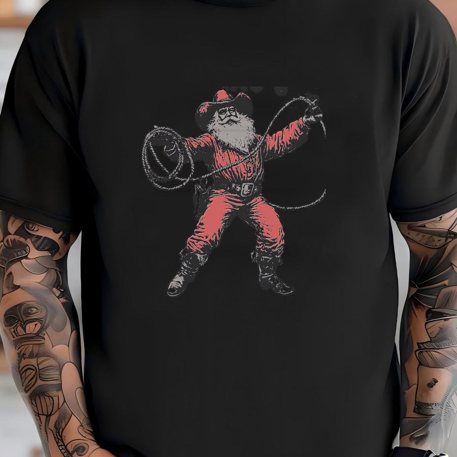 Wrangling Christmas Cheer Dtf Transfer, Cowboy Santa With Lasso Design, Perfect Holiday Apparel And Diy Craft, Easy Iron-on For Western Fans T-shirt