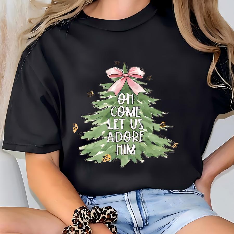 Oh Come Let Us Adore Him Kids Christmas Shirt, Christian Christmas Toddler Tee, Christmas Tree Hoodie, Girls Holiday Tee, Pink Bow Tree T-shirt