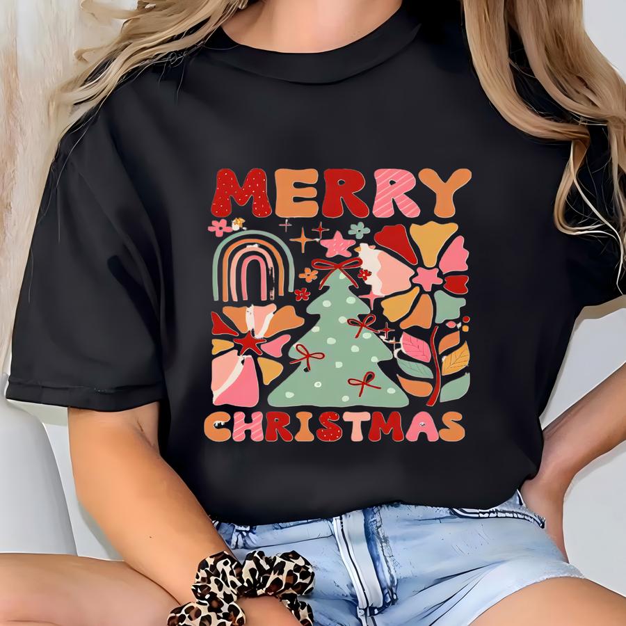 Merry Christmas Kids Shirt, Pink Christmas Girls Tee, Boho Christmas Baby ®, Holiday Hoodie For Kids, Girls Christmas Tree Tee T-shirt
