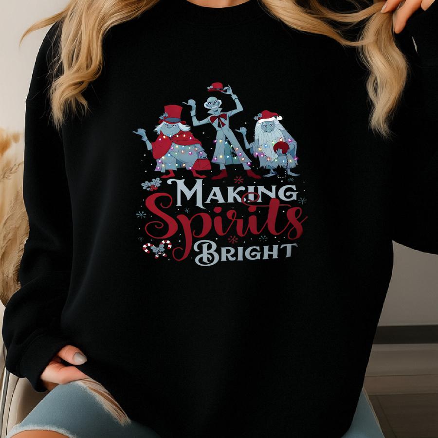 Making Spirits Bright Christmas Sweatshirt Haunted Mansion Shirt, Hitchhiking Ghosts Santa Hat Christmas Shirt Sweatshirt