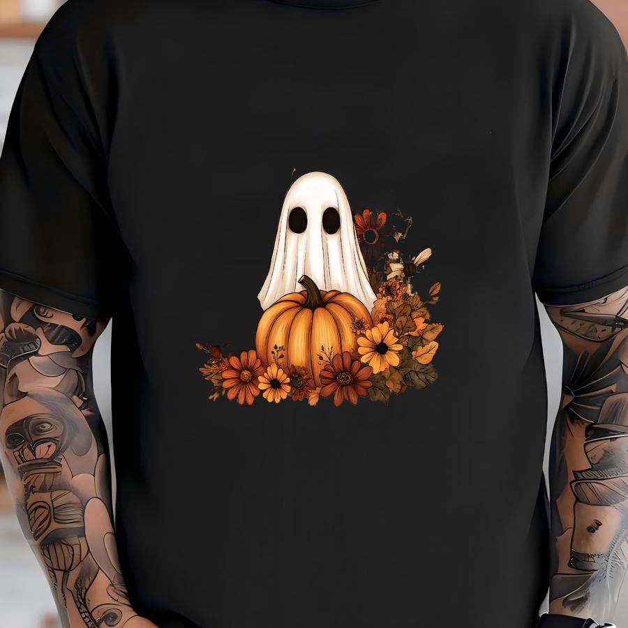 Ghost With Flowers And Pumpkin Shirt, Halloween Shirt, Floral Spooky Shirt, Ghost Shirt, Fall Flowers Shirt, Spooky Ghost Shirt, Spooky Tee T-shirt
