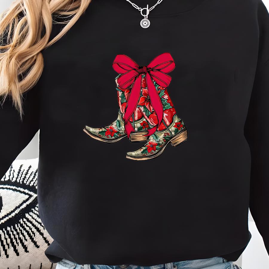 Cowgirl Christmas Shirt, Country Christmas Tee, Coquette Xmas Tee, Cute Cow Girl Shirt, Cow Girl Boots Shirt, Cow Girl Tee Sweatshirt