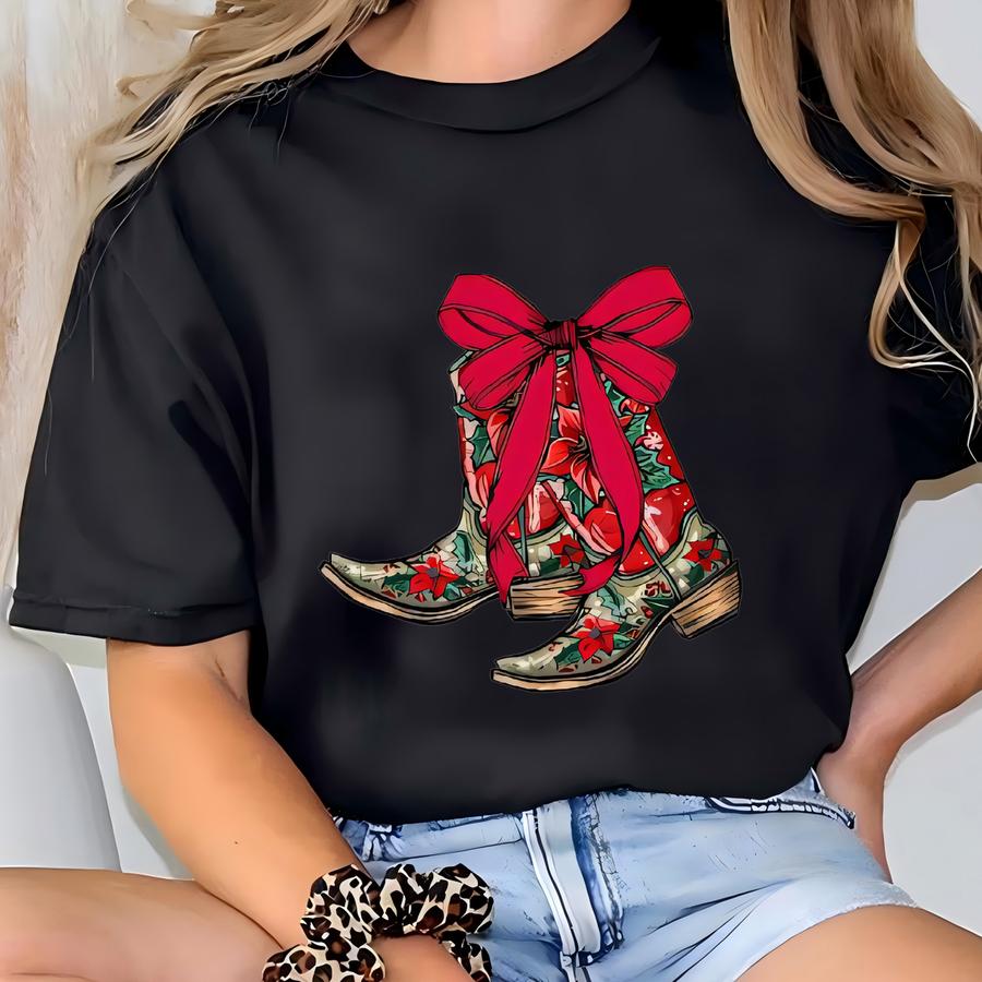Cowgirl Christmas Shirt, Country Christmas Tee, Coquette Xmas Tee, Cute Cow Girl Shirt, Cow Girl Boots Shirt, Cow Girl Tee T-shirt