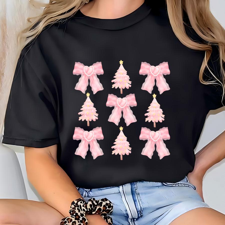 Coquette Christmas Sweatshirt, Pretty Pink Bows, Santas Sweatshirt, Festive Holiday,girl Christmas Sweater,christmas Coquette Bow Sweatshirt T-shirt