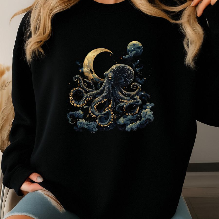 Octopus Shirt Crescent Moon Dark Maximalist Moody Octopus Kraken T-shirt Whimsical Celestial Ocean Animal Lover Octopus Gifts Tshirt Sweatshirt