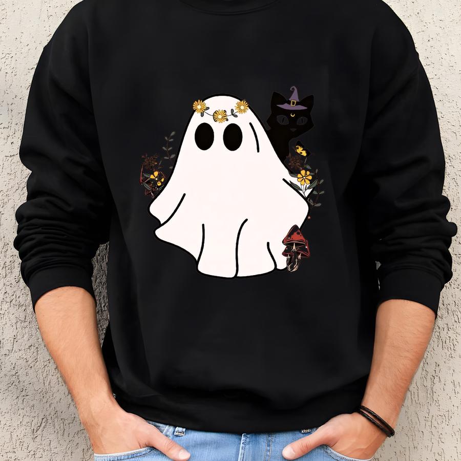Halloween Tee, Ghost Cat Lover Fall Shirt Sweatshirt