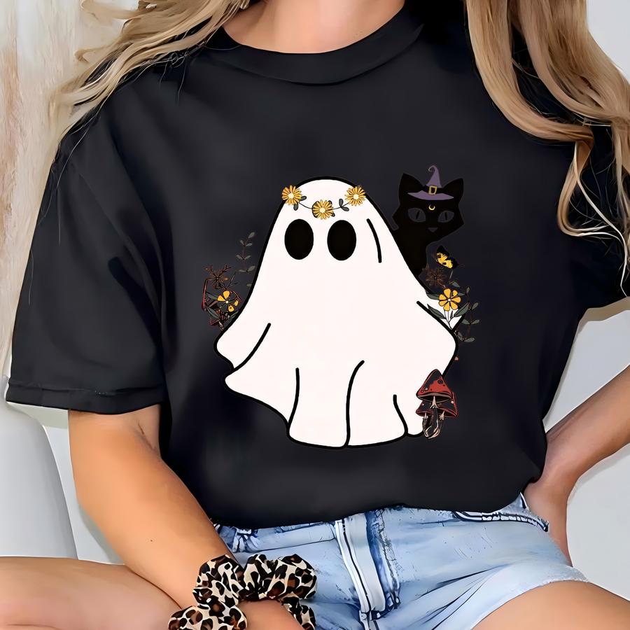 Halloween Tee, Ghost Cat Lover Fall Shirt T-shirt