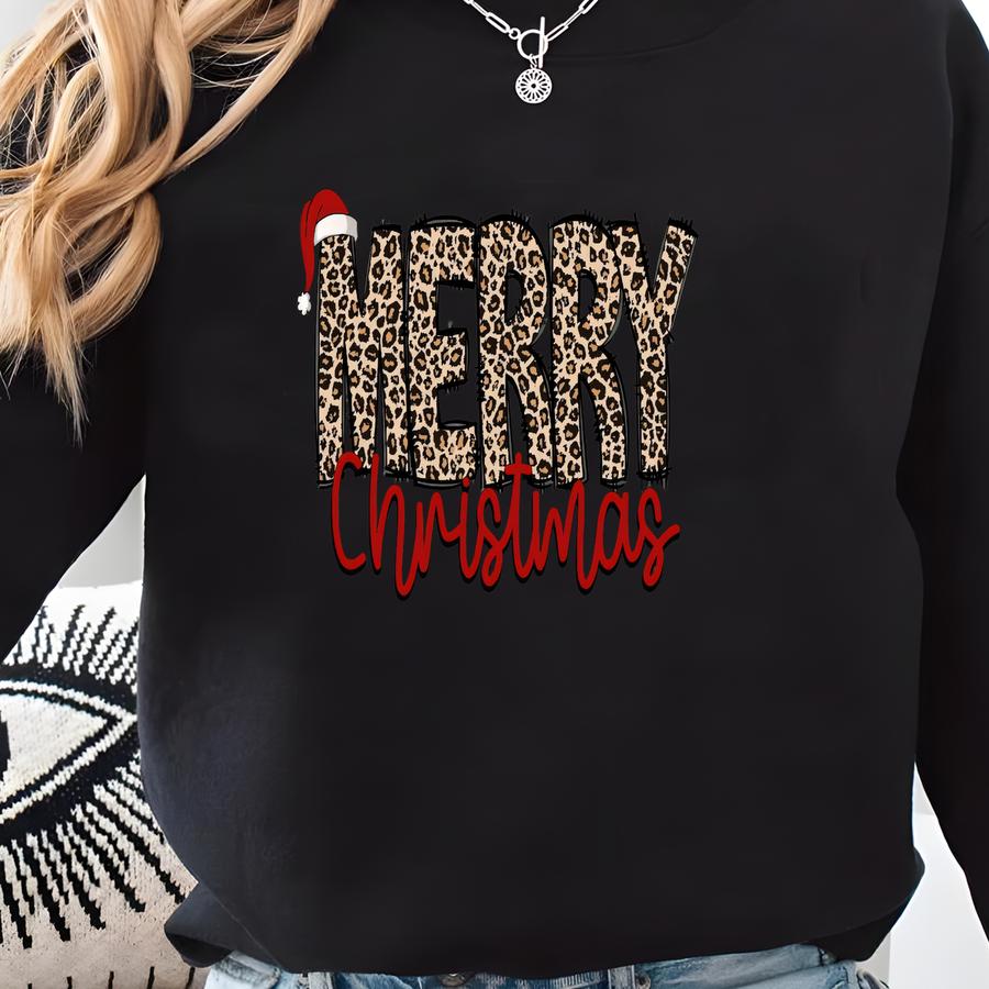 Merry Christmas Sweatshirt, Leopard Printed Christmas Tshirt, Christmas Gifts, Womens Leopard Christmas Sweater, Christmas Matching Shirts Sweatshirt