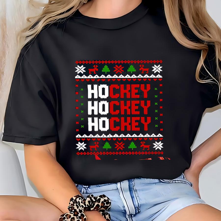 Christmas Ice Hockey Shirt, Ho Ho Hockey, Hockey Mom Gift, Hockey Player Gift, Hockey Lover Shirt, Xmas Sports Shirt, Hockey Ugly Christmas T-shirt
