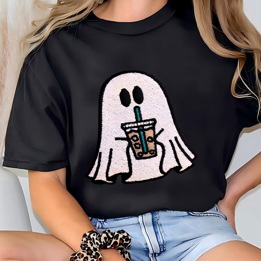 Cute Ghost Iced Coffee Shirt, , Long Sve Pocket Tee, Halloween Shirt, Coffee Lover, Spooky Season, Cute Ghost T-shirt
