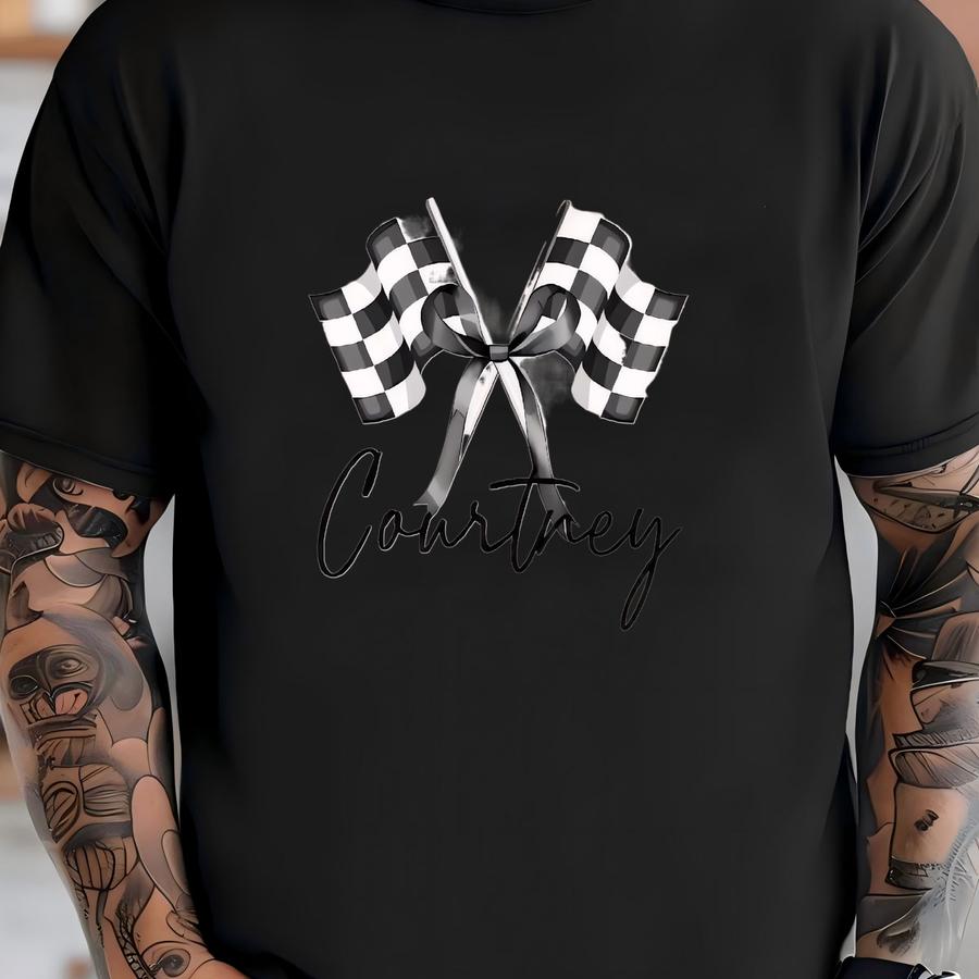 Custom Race Day Shirt For Women, Personalized Racing Shirt, Checkered Bow Coquette Tee, Cute Race Mom Shirt, Bow And Flag Design, Race Wife T-shirt
