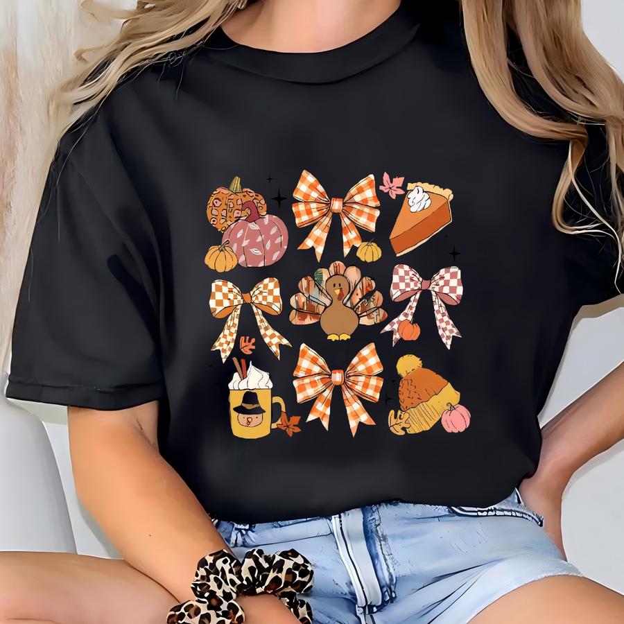 Retro Thanksgiving Apron: Fall Pumpkin Bow, Adjustable Neck T-shirt