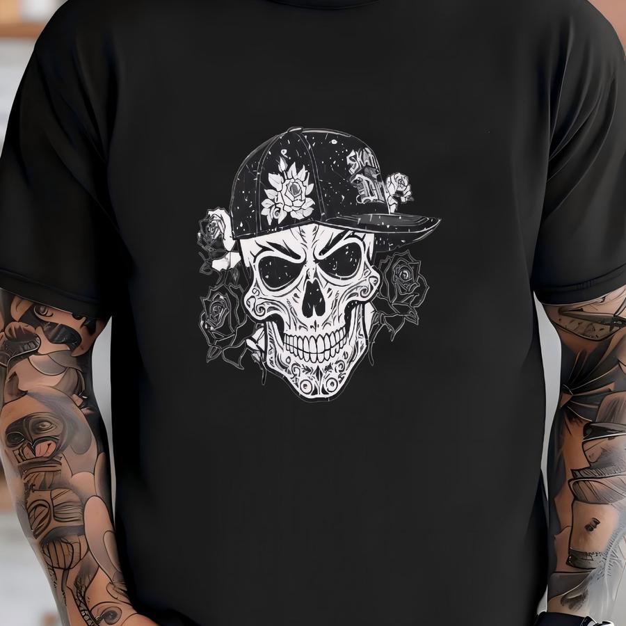 Skate Or Die Skater Tee - Unisex Adult Hoodie - Skull Cap Roses - Distressed Urban Skateboarding Streetwear - Free Shipping! T-shirt