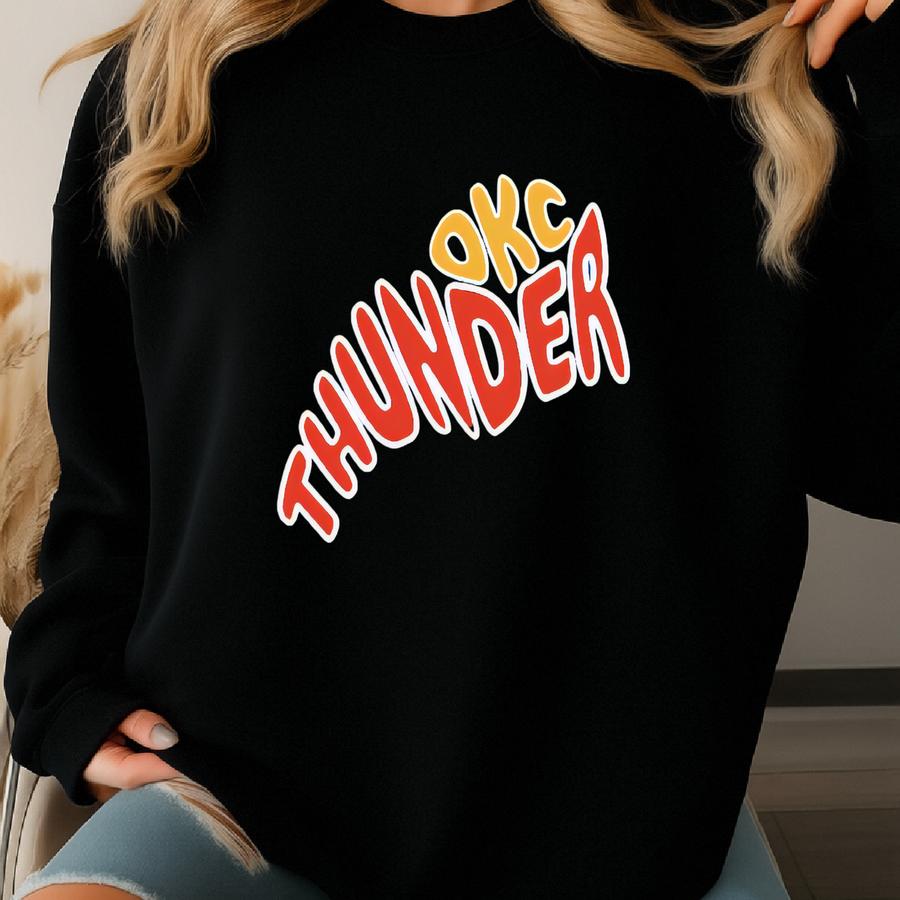 Blue Orange Okc Thunder Sweatshirt For Her, Groovy Oklahoma City Basketball Graphic Sweater, Cute Game Day Apparel, Gift Idea For Fans Sweatshirt