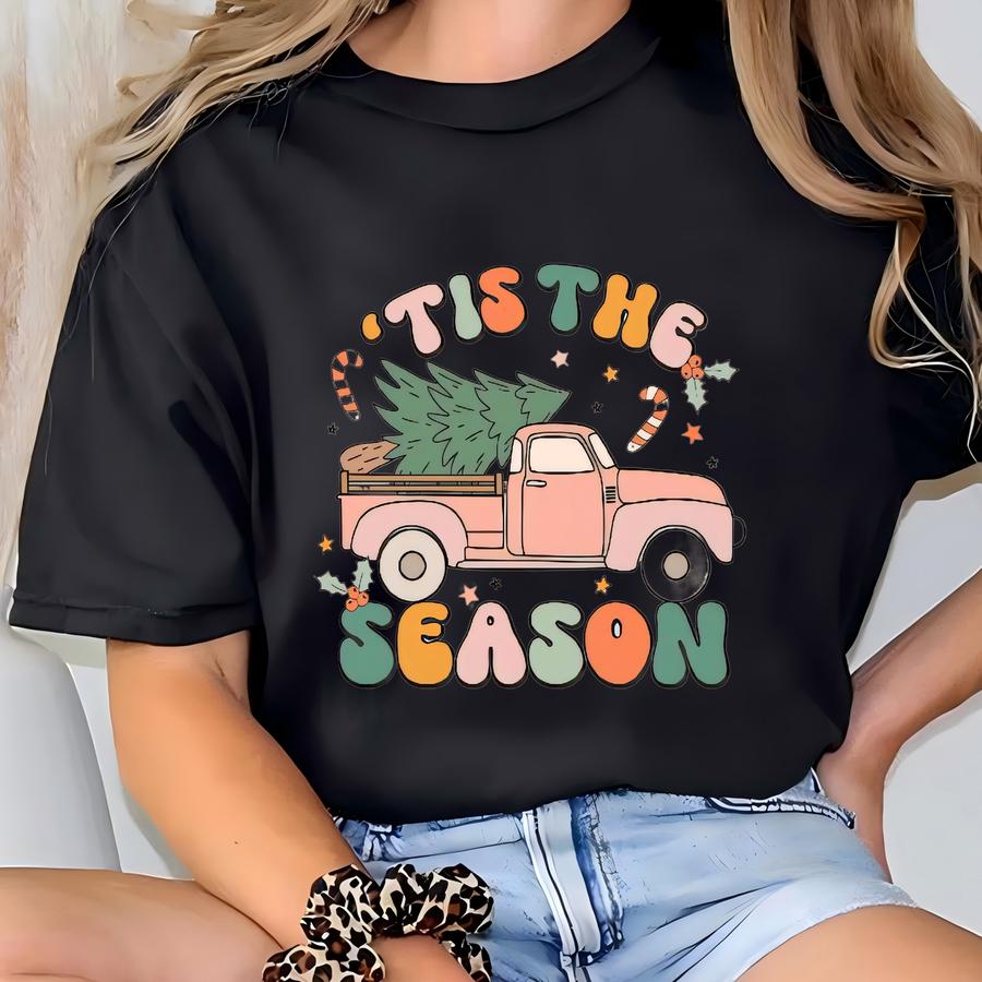 Kids Retro Christmas Shirt, Tis The Season Toddler Tee, Cute Girls Hoodie, Natural Holiday Hoodie, Pink Vintage Truck, Pink Christmas Tee T-shirt