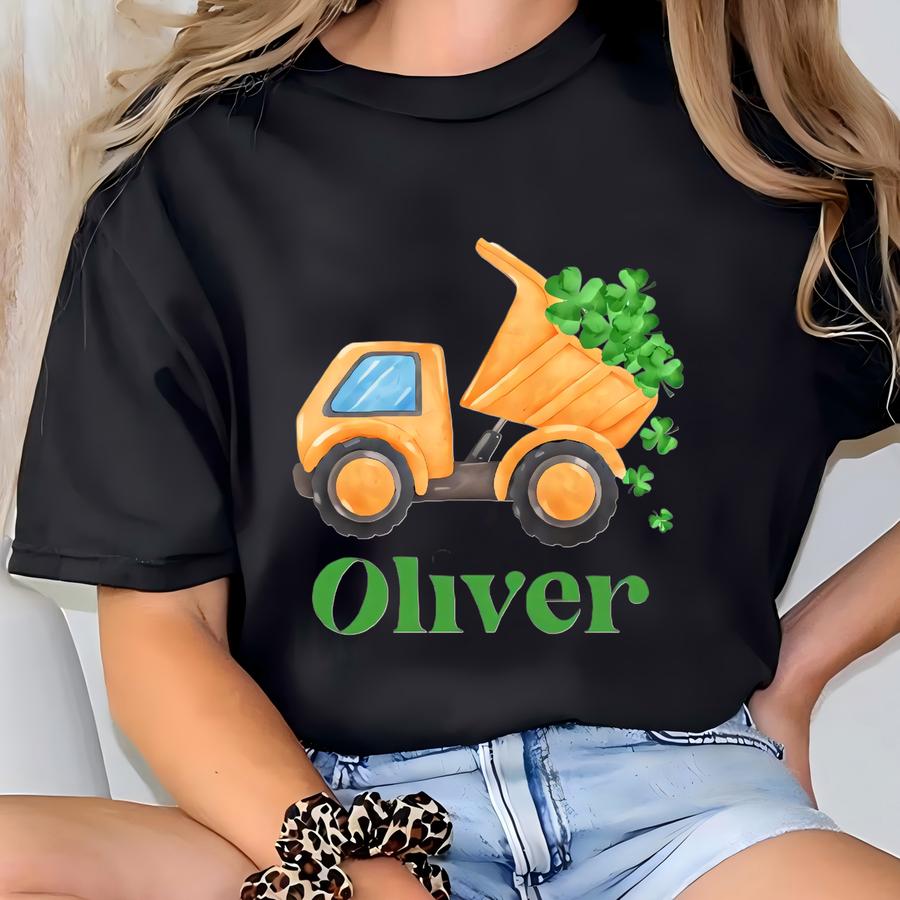 Personalized St Patricks Day Kids Shirt, Custom Name Shamrock Dump Truck Toddler Tee, Boys Construction Truck Shirt, St Patty's Day Boys Tee T-shirt