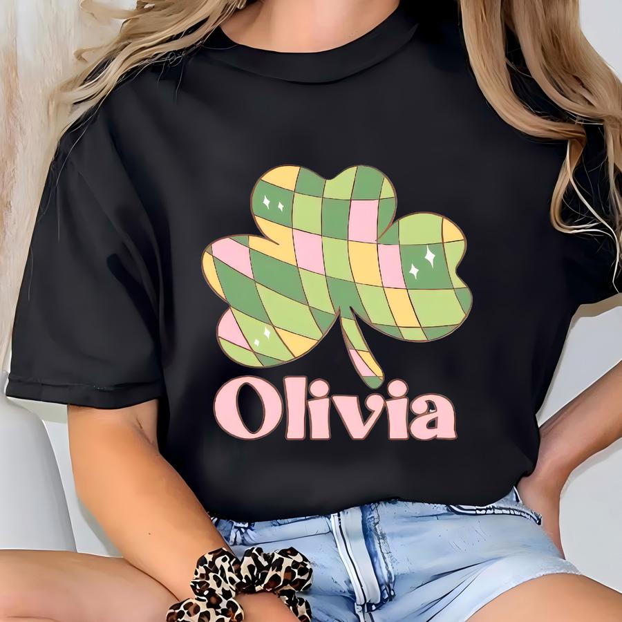 Girls St Patricks Day Shamrock Shirt, Kids Personalized Name Disco Shamrock Tee, Toddler Girl Custom Name St Patty's Day Hoodie, Pink Name T-shirt