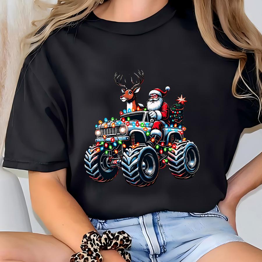 Monster Truck Christmas Sweatshirt, Christmas Truck Sweater, Monster Truck Gifts, Santa And Reindeer Sweatshirt, Christmas Man Sweatshirt T-shirt