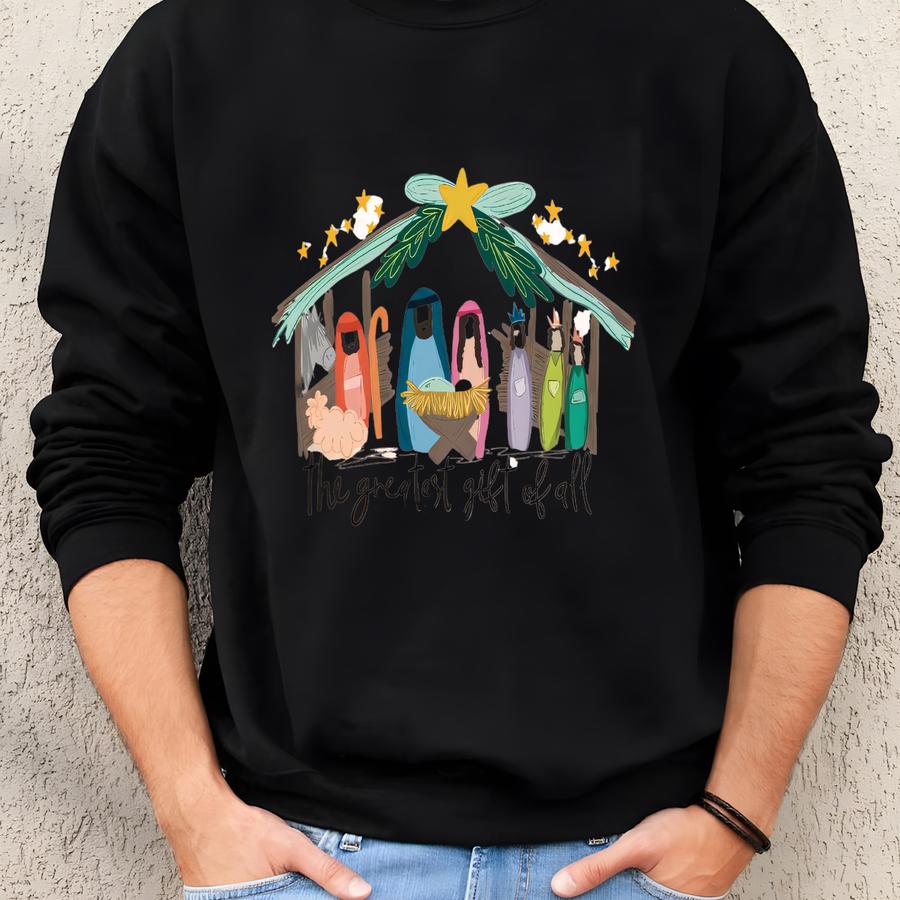 Coquette Hand Drawn Nativity Scene Christmas Shirt, , Christmas Shirt, Matthew 121, The Greatest Gift Manger,bow, Baby Jesus, Nativity Sweatshirt