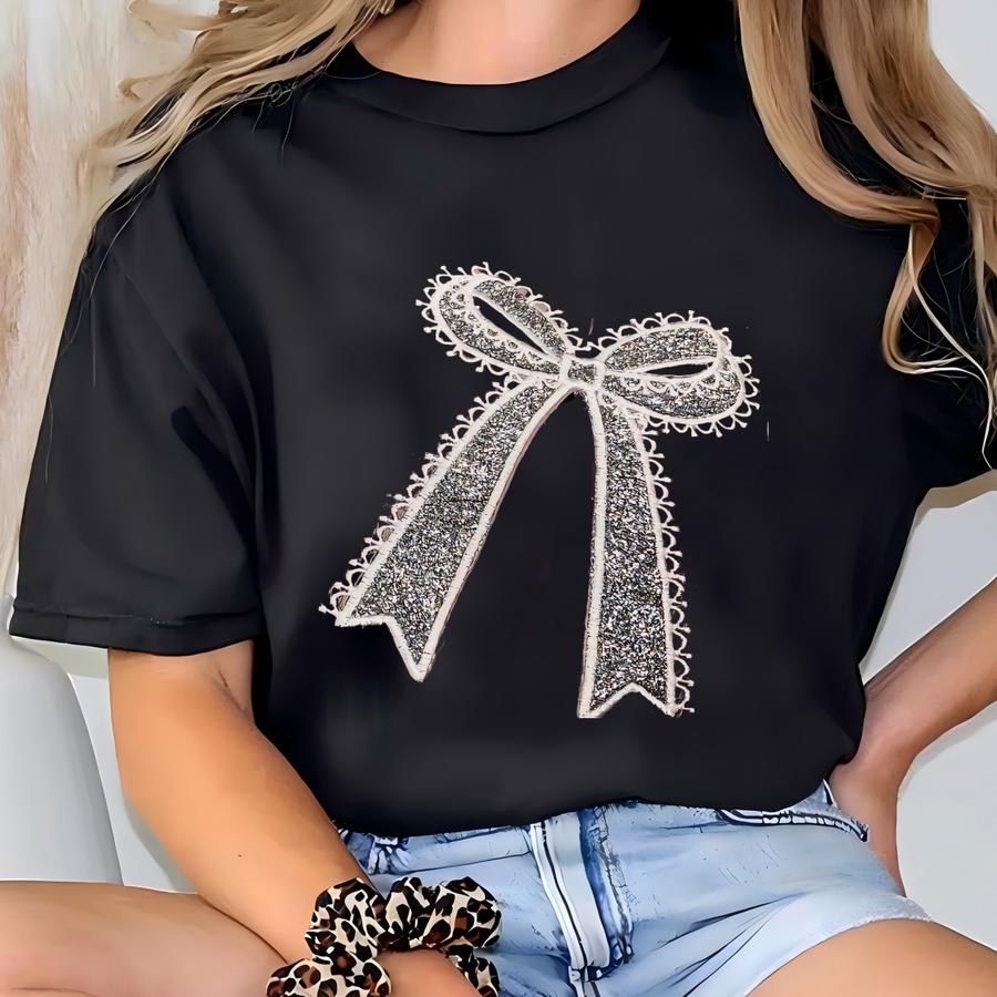 Lace Glitter Bow Sweatshirt: Side Appliqué Design T-shirt