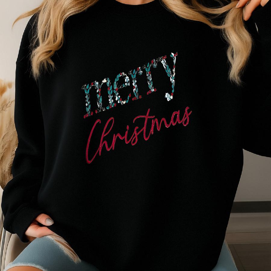 Floral Merry Christmas Sweatshirt, Christmas Crewneck Sweatshirt, Floral Christmas Sweater Xmas Gift Sweatshirt