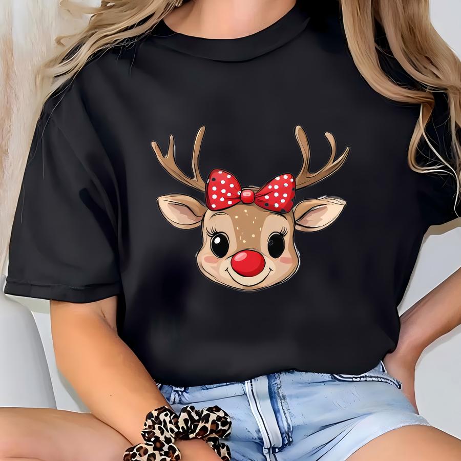 Girly Christmas Sweater With Name: Girl Reindeer With Bow Sweatshirt - Bl2584 T-shirt