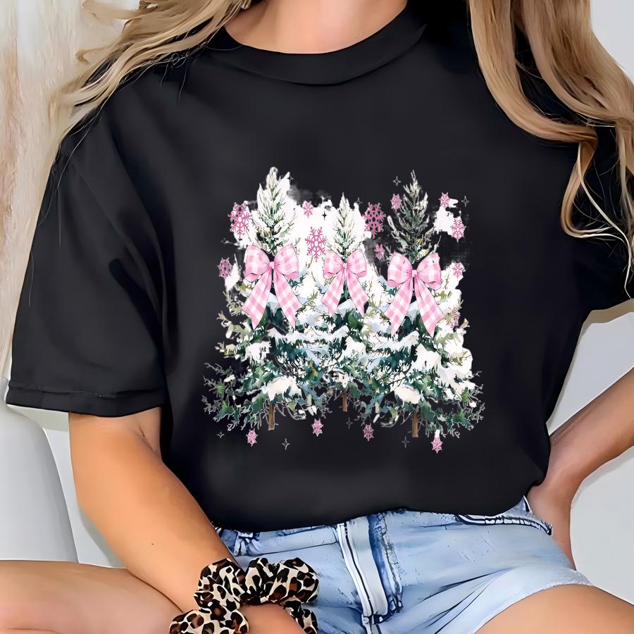 Christmas Tree Bow Pink Sweatshirt, Coquette Xmas Gift Shirt, Holiday Bow Hoodie, Festive Winter Apparel, Coquette Christmas Seater, Pink T-shirt