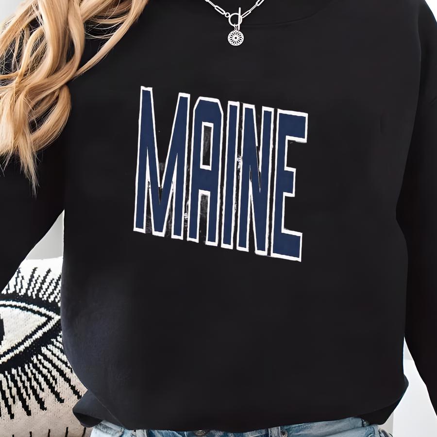 Maine, Large Navy Text Me State Unisex Ladies Men's Crewneck Sweatshirt Pullover Gift Birthday Wedding Mom Dad Vacation Souvenir Group Best Sweatshirt