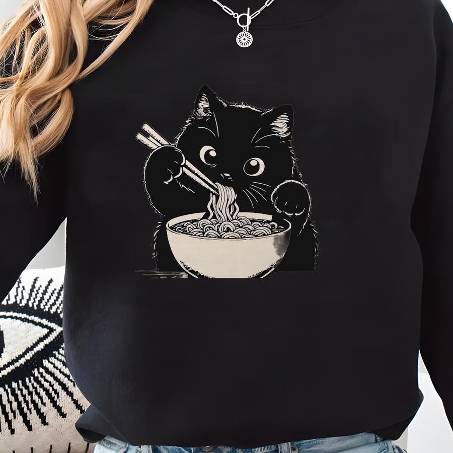 Noodle Cat Hoodie, Black Cat Ramen Hoodie, Ramen Cat Hoodie,gift For Mom, Cat Lover Gift, Kawaii Hoodie,foodie Lover Hoodie,black Cat Hoodie Sweatshirt