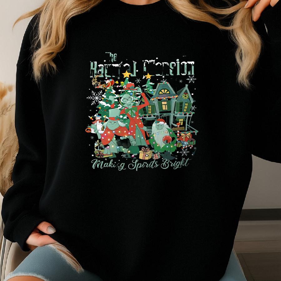 Retro Haunted Mansion Making Spirits Bright Hitchhiking Ghosts Santa Christmas Sweatshirt, Family Christmas Tree Shirt Sweatshirt