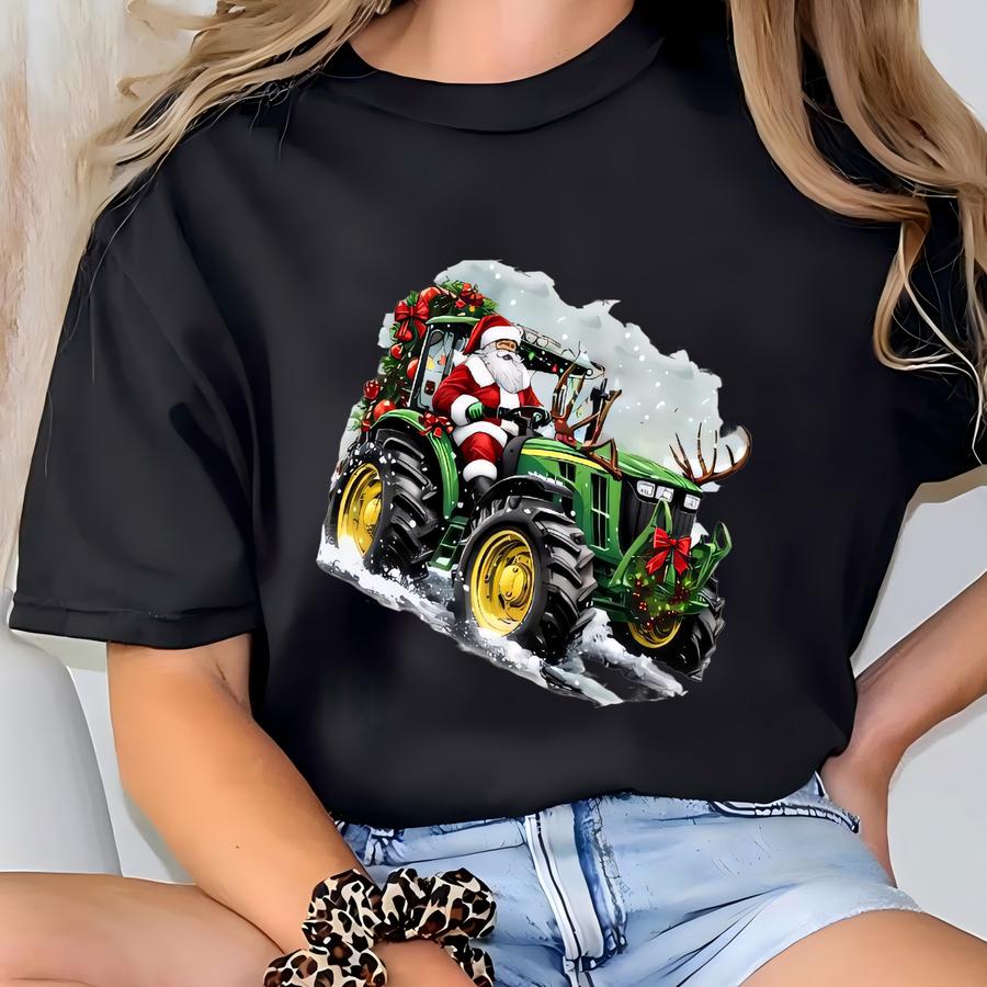 Santa Tractor Shirt, Christmas Farm Shirt, Green Tractor, Youth Boys Christmas Shirt, Holiday Gift For Farmer, Funny Santa, Dad Xmas Gifts T-shirt