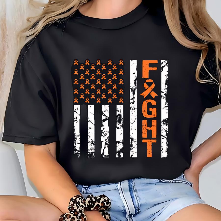 Personalized Leukemia Fight Usa Flag Shirt, Orange Ribbon Sweatshirt, Leukemia Cancer Awareness Hoodie, Leukemia Warrior Team Name Tshirt T-shirt
