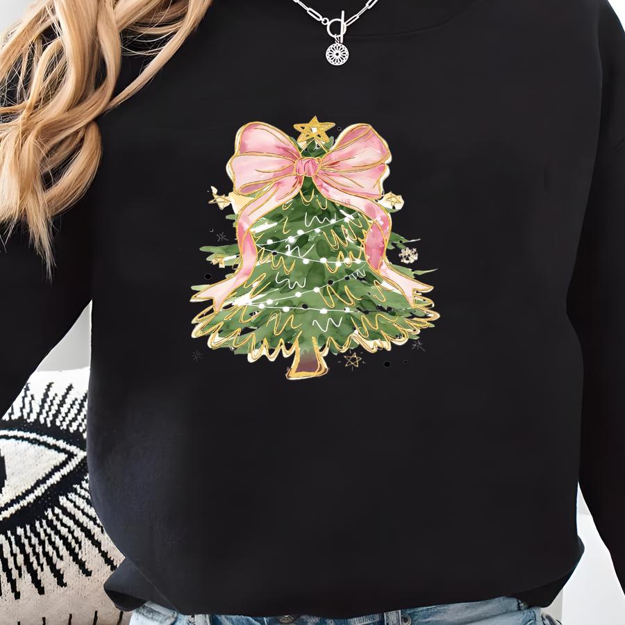 Faux Glitter Effect Christmas Tree Sweatshirt, Sparkly Effect Christmas Coquette Tree With A Bow, Faux Sparkly Dtf Print, Christmas Sweatshirt
