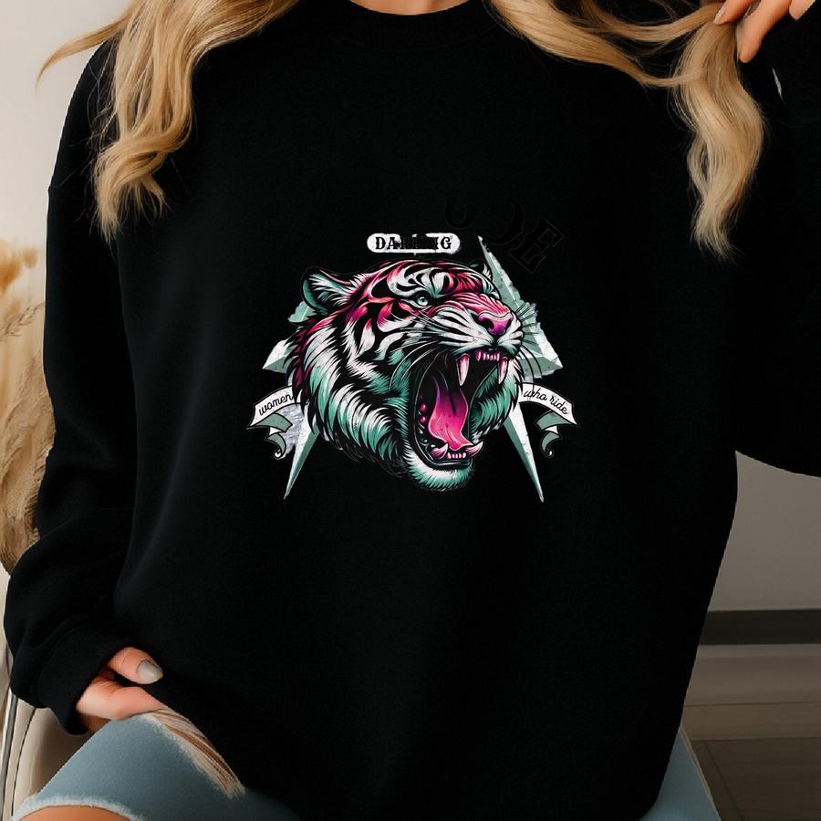 Women's Tiger Motorcycle Raglan: Biker Girl 3/4 Sve Tee Sweatshirt