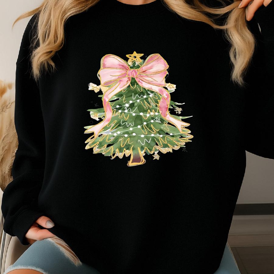 Christmas Tree Bow Sweatshirt: Coquette Holiday Tee Sweatshirt