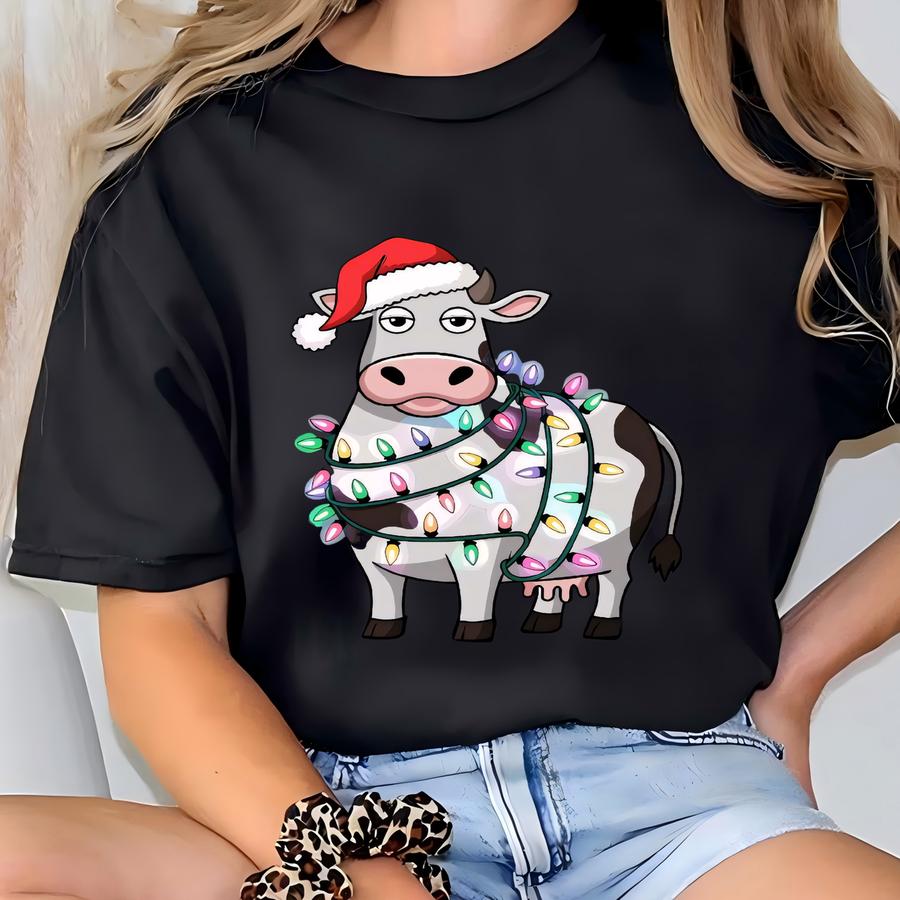 Christmas Cow Lights Sweatshirt: Highland Cow Holiday Hoodie T-shirt
