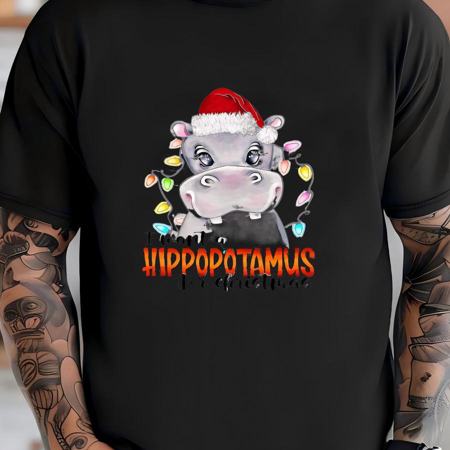 I Want A Hippopotamus For Christmas Sweatshirt, Hippo Christmas Lights Gift Hoodie, Xmas Family Sweater, Christmas Party Hoodie, Holiday Tee T-shirt