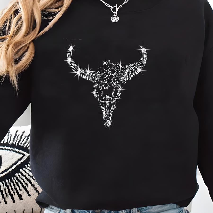 Rhinestone Longhorn T-shirt: Western Cow Skull Boho Tee Sweatshirt