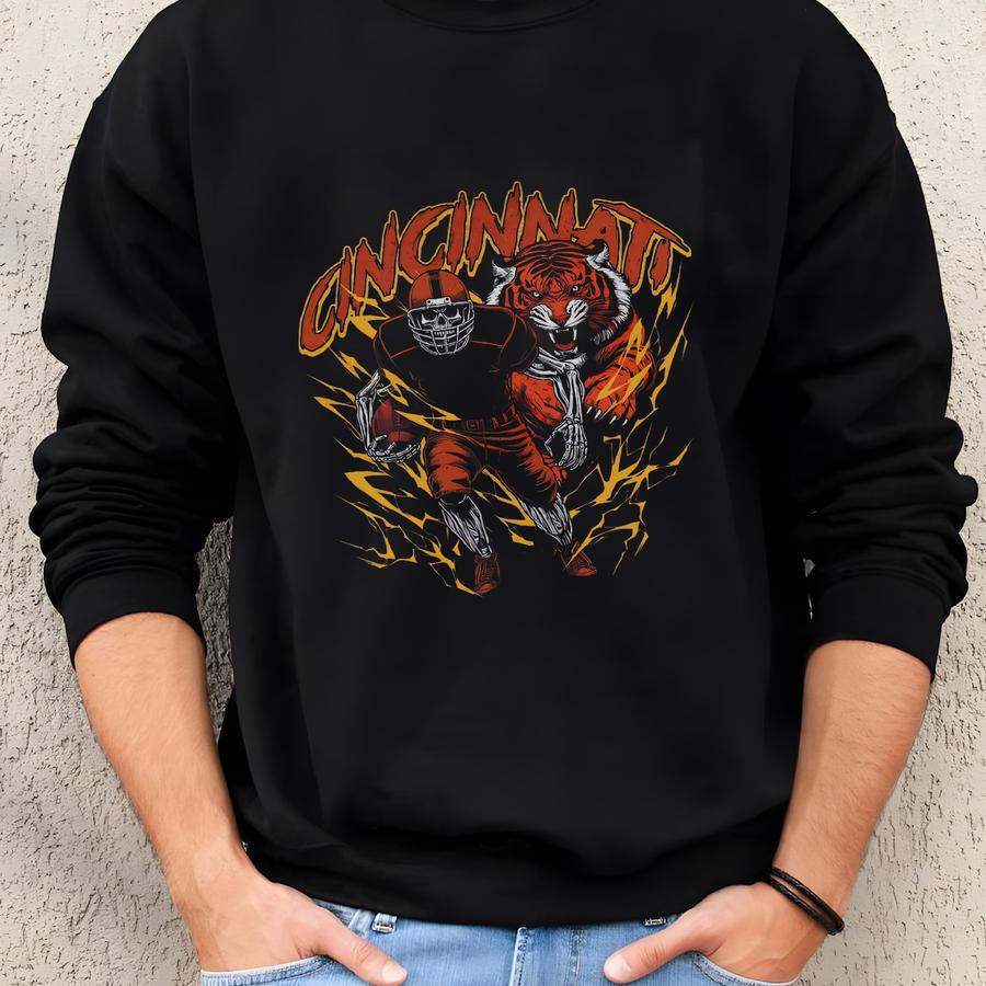 Cincinnati Football Skeleton Graphic Sweatshirt: Vintage Crewneck Sweatshirt