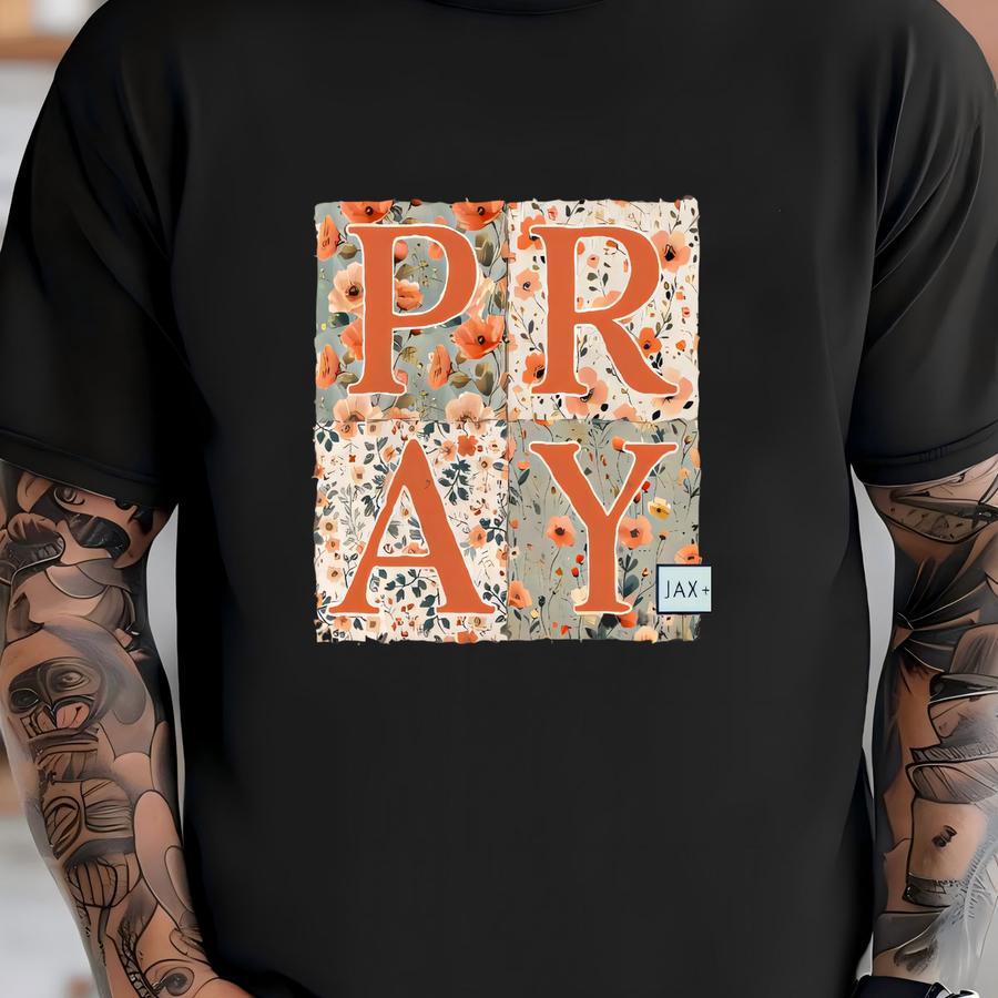 Pray Floral Patchwork Hoodie, Cotton Tee For Casual Outfits, Thoughtful Gift T-shirt