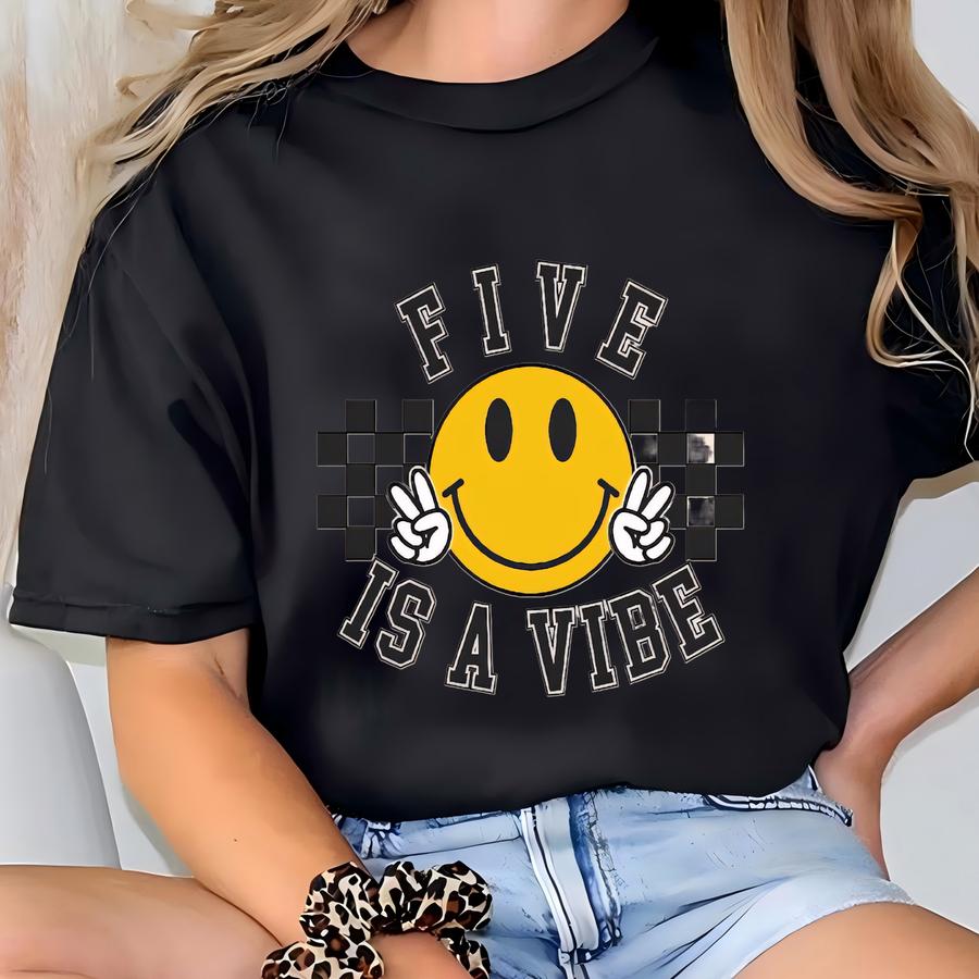 Five Is A Vibe Svg, Png, Eps, Dxf, Jpg, Groovy 5th Birthday , Retro Checkered Fifth Birthday Sublimation, Turning 5 Kid Cut File T-shirt