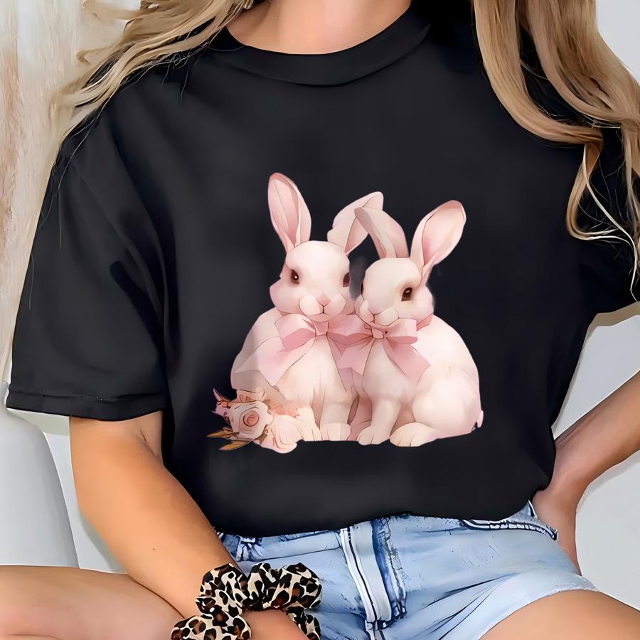 Coquette Bunny Sweatshirt: Pink Bow Rabbit, Cottagecore Pullover T-shirt
