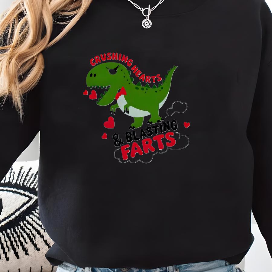 Dino Crushing Hearts Blasting Farts T-shirt: Funny Valentines Day Graphic Tee Sweatshirt