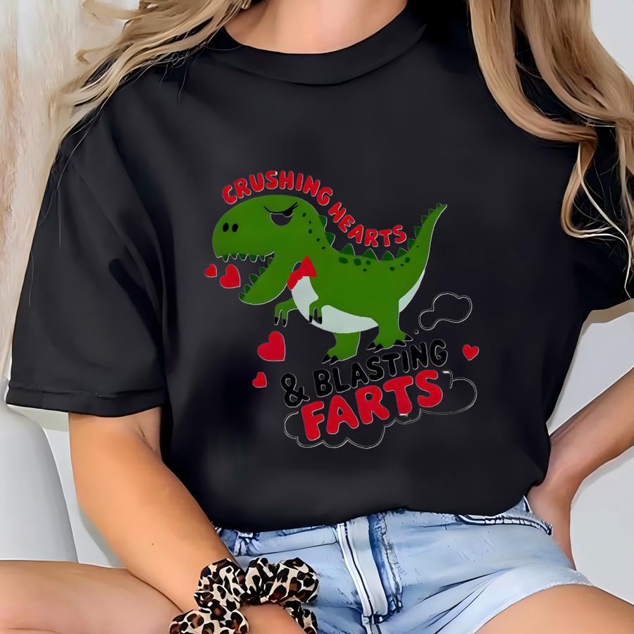 Dino Crushing Hearts Blasting Farts Hoodie: Funny Valentines Day Graphic Tee T-shirt