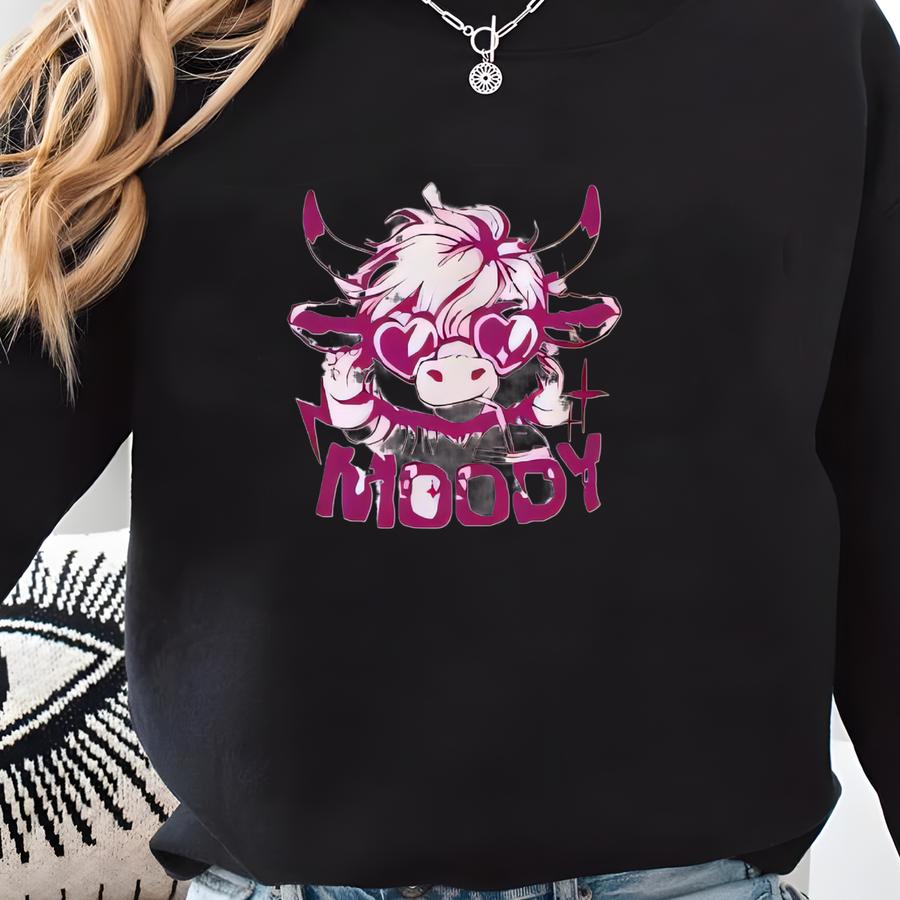 Highland Cow Just A Little Moody Shirts, Heifer Shirt, Aesthetic Preppy Clothes, Sarcastic Snarky Western Cow Shirt, Bp Sweatshirt